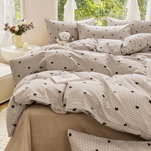 Tospass Liebe Bettwäsche 220x240cm Khaki Braun Herz Kariert Mädchen Wende Bettwäsche Set Liebesmotiv Romantisch Mikrofaser Deckenbezug 1 Bettbezug mit Reißverschluss 2 Kissenbezug 80x80cm