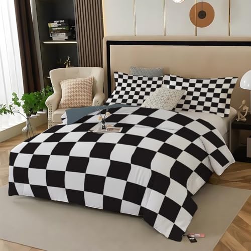 Schwarz-Weißes Schachbrett Druck Reversibel Bettwäsche 135X200 Winter Abstraktes Schachbrettmuster Druck Bettwäsche 135X200 Bettwäsche 135X200 + 80X80 Cm -Mikrofaser Bettwäscheset Geschenk (135X200)