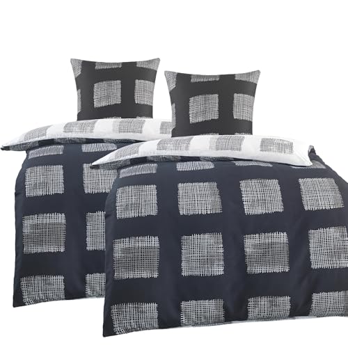 BaSaTex Microfaser Partner Bettwäsche mit Wendemotiv | 2X 155x220 Bettbezug + 2X 80x80 Kissenbezug | Mikrofaser Bettwäsche Set 4 teilig für Paare | Design: Jubi Schwarz Weiss