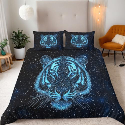 Leuchtender Tiger Bettwäsche 220X240Cm Kinder Junge Mädchen 3D Effekt Bettbezug Jugendliche Bettwäsche-Set Mikrofaser Bettbezug Mit Reißverschluss Und 2 Kissenbezug 80X80Cm