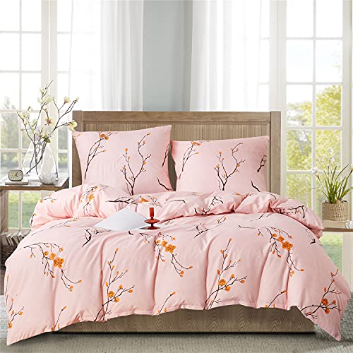 Boqingzhu Bettwäsche Blumenmuster 200x200cm Rosa Blümchen Blumen Bettwäsche Set Microfaser Bettbezug und 2 Kissenbezüge 80x80cm mit Reißverschluss