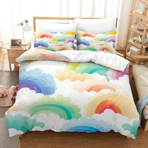 LLSZAHD Cartoon Kleiner Regenbogen Bettwäsche 200×220cm, Wolken Muster bettwäsche-Sets, Mikrofaser Bettbezug mit Reißverschluss und Kissenbezug 80×80cm