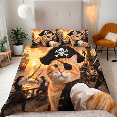 Generisch Bettwäsche Katze Pirat Bettbezug Kreativ Tier 3D Drucken Bedding 150x200 cm 3 Teilig Mikrofaser Weich Mit Verdecktem Reißverschluss Eckbändern 2 Kissenbezüge 80x80 Geeignet für Schlafzimmer