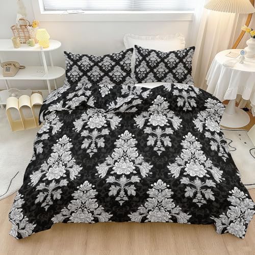 Bettbezug Bettwäsche Set 3-teilig 155 x 220 cm Weiche Mikrofaser Bettbezüge mit Reißverschluss & 2 Kissenbezügen für Jungen Mädchen Kinder Traditionelle Elegante Blätter, Schwarz