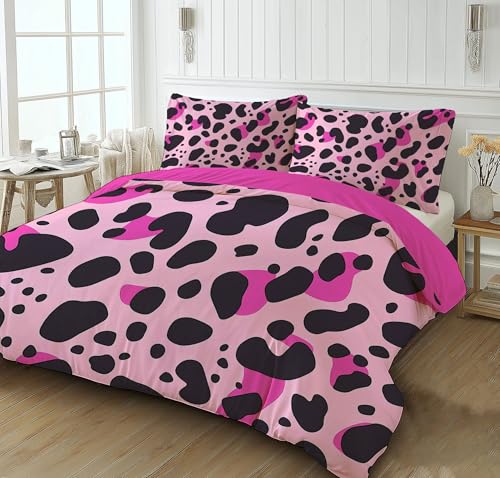 JSCWDET Bettwäsche 135×200Cm,Wildlife Texture Modern Bettwäsche Set Pink Black Leopard Muster Microfaser Einzelbett Wendebettwäsche Bettbezug Und Kissenbezug 80×80Cm Mit Reißverschluss