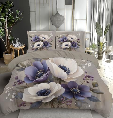 SMBHIAON Bettwäsche 200×200Cm Weiße Und Violette Anemonen, Weiche Bügelfreie Mikrofaser Bettbezug Set,Realistischer Blumenstil Schlafzimmer Deko,2 Kissenbezug 80X80, Mit Reißverschluss