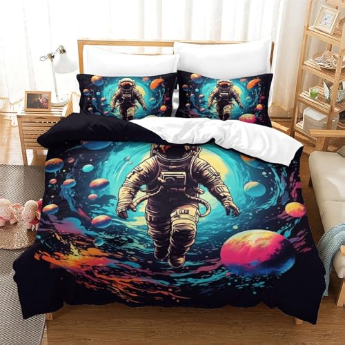 HWBASNYXL Astronauten 3D Gedruckt Blätter Ästhetik 3 Teilig Bettbezug-Sets Mit Kissenbezügen Soft Microfaser Luxus Modern Mit Reißverschluss Für Erwachsene Und Kinder Double?200x200cm?