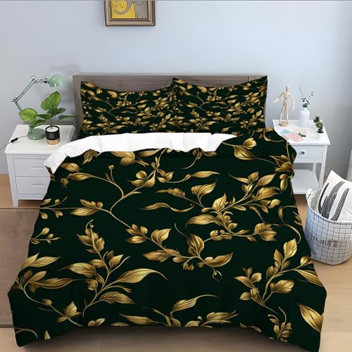 Bettwäsche 155x220 3 Teilig für Blatt,Schwarz Bettbezug, Mikrofaser Bettwäsche-Set Flauschig, Bettbezüge mit Reißverschluss Schließung und 2 Kissenbezug 80x80 cm-Gold A274