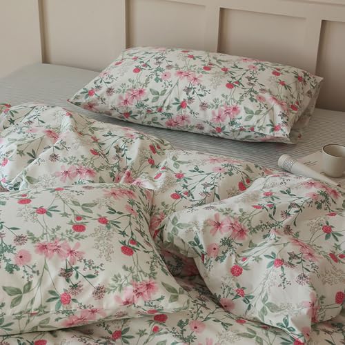 Covebett Bettwäsche 135x200 Baumwolle Grün Rosa Blumen Blätter Floral Bettwäsche Set 2teilig Blumenmuster, Aesthetic Blümchen Pflanzen Mädchen 1 Bettbezug und 1 Kissenbezug 80x80 cm mit Reißverschluss