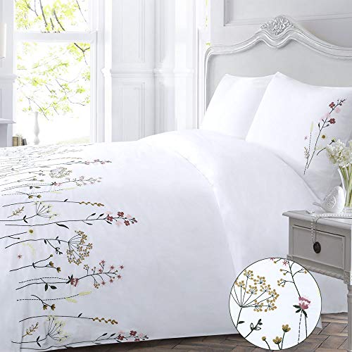 Bettbezug-Set mit weißen Blumen und rosa Blumen, 100 % elegante Wildblumen-Stickerei, hübsches botanisches französisches Landhausstil, Landhaus, 3-teiliges Bettwäsche-Set mit Reißverschluss