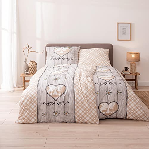 MTOnlinehandel Landhaus-Stil Bettwäsche 135x200 + 80x80 cm · 4teilig, Karo Hirsch Herz Holzoptik · 100% Baumwolle · Vintage Partner Bettwäsche-Set Geschenk TRAUMHELDEN