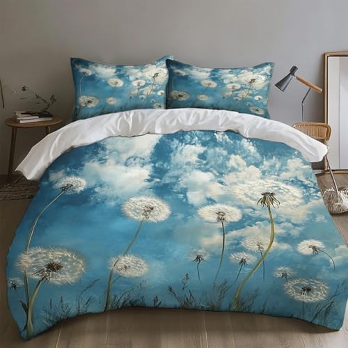 SKOEUI Bettwäsche 220x240 cm 3Teilig Flockiger-Pusteblume Bettwäsche-Sets Bügelfrei Microfaser Bettbezug mit Reißverschluss Allergiker Bettdeckenbezug mit 2 mal Kissenbezug 80x80 cm Perlweiß