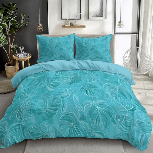 CozyRest Bettwäsche Set 155 x 220 cm Türkise Monstera Bettbezug 3 teilig Weich Mikrofaser Bettwaren, Bettwäsche-Set für Kinder Teenager Erwachsener ReißVerschluss Mit 2 Kissenbezug 80x80 cm