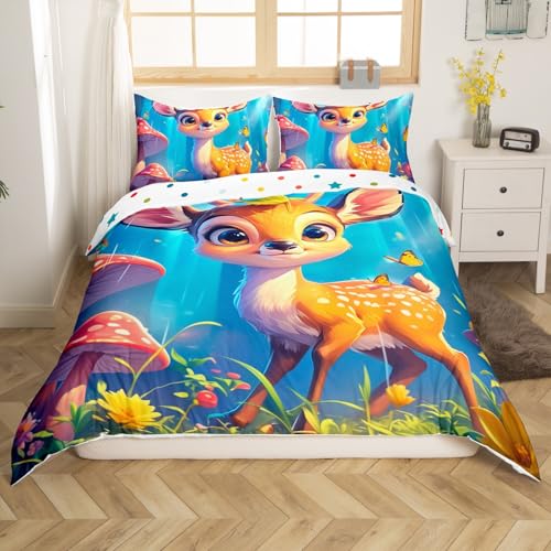 Nette Hirsch Bettbezug Set S Größe, Kawaii Wildlife Nette Tier Print Reversible Bettwäsche Set Weiche Schlafzimmer Dekor, Rote Pilz Gelb Daisy Floral Polyester Quilt Cover (Kein Tröster), 2-teilig