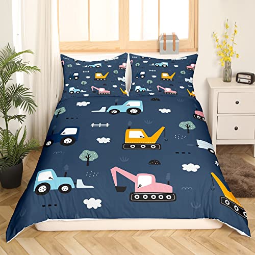 Lkw Bettwäsche Kinder Karikatur Traktor Bettwäsche Set 135 x 200 für Jungen Mädchen Niedliche Bagger Bulldozer Bettbezug Baufahrzeug Bettbezug Ausgestattet Auto Bettwäsche Set Marineblau 2 Stück