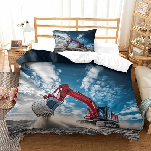 LILIlaobiao Bagger Bettbezug Einzelgröße Mit 1 Kissenbezug: 80 X 80cm, Single Size Schlafhilfe Digger Machine Bettwäsche, Excavators bettwäsche 135x200cm