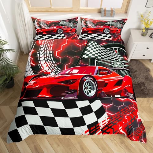Homewish Rennwagen-Doppel-Bettwäs che-Set für Kinder, Jungen und Mädchen, Extremsportwagen-Bettbezu g, 3-teilig, kühles rotes Wabenmuster, schwarz-weiß kariertes Bettwäsche-Set, schwarz, wendbar