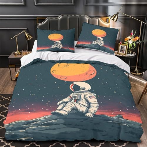 Astronaut sitzt 3D bedruckt Bettdeckenbezug 3teilig Mikrofaser atmungsaktiv Illustration eines Weltraumabenteuers Bettbezug 2 Kissenbezüge maschinenwaschbar Kinderzimmer Deko Single?140x200cm?