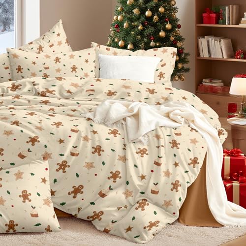 Freyamy Weihnachts Bettwäsche 135x200,Lebkuchenmann Braun Bettwäsche-Sets 2tlg,Mikrofaser Kinder Bettbezug Geschenk für Weihnachten mit Reißverschluss und 1 Kissenbezüge 80x80 cm