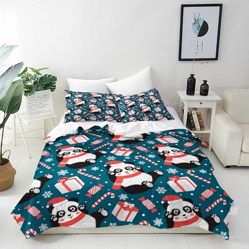 ANHOPE Weihnachten Süßigkeiten Panda Bettwäsche Set Weich Microfaser Bettbezüge mit Reißverschluss 3 Teilig Bettbezug 260x220 cm & 2 Kissenbezug 50x70 cm Ganzjahres Bettdeckenbezug Set