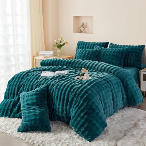 Boqingzhu Plüsch Bettwäsche 220x240cm Petrol Blau Kuschelig Flauschig Warm Winter Flanell Fleece Bettwäsche Set Kaninchen Kunstfell Bettbezug mit Reißverschluss und Kissenbezug 80x80cm