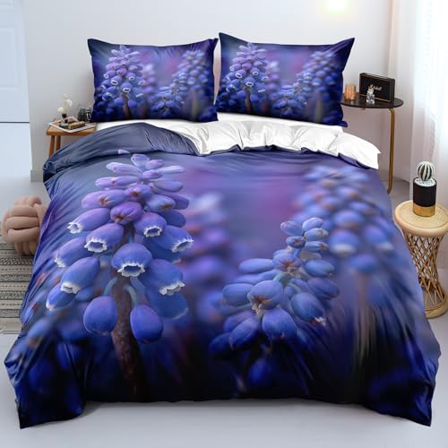 Bettbezug 135X200 mit Kissenbezügen und Hyazinthen-3D-Druck,Bettw äsche 135X200 mit Blau-Violettem Blumenmuster für Damen,Mädchen und Kinder,Weiche,Atmungsakti ve Mikrofaser,Romantisches Rustikales