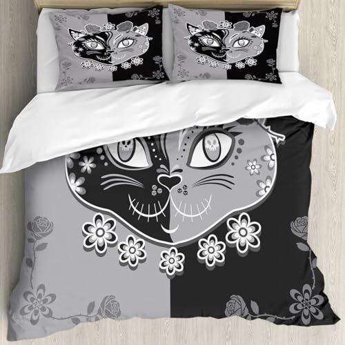 MJNLYDAO Sleeptime 100% Baumwolle Bettwäsche - Bettbezüge mit Reißverschluss - Set mit 2 Kissenbezüge,Monochrome Vektorillustration Einer Katze mit Ornamenten im mexikanischen Volkssti,200x228 cm