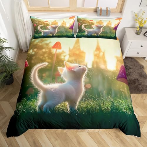 Homewish Kleine Katze Bettbezug Niedlich Haustiertier 200x200 Bettwäsche Set,Weißes Kätzchen Bett Set Katzenliebhaber Kawaii Bettwäsche