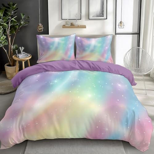 CozyRest Bettwäsche 135 x 200 cm Lila Bettbezug und 80x80 Kissenbezug, Wendebettwäsche Set Muster Traumhafter Farbverlauf Regenbogen Weiche Microfaser für Mädchen Kinder