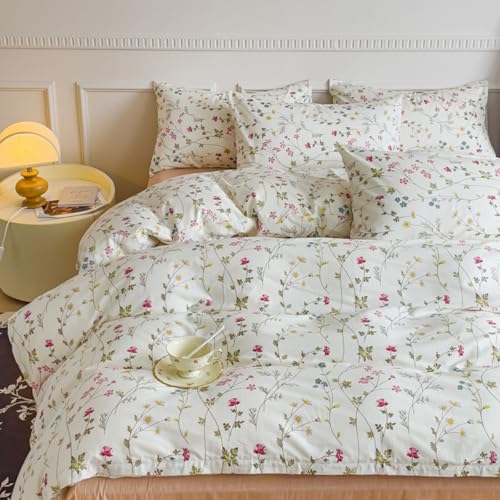 Tospass Baumwolle Bettwäsche Set 200x200cm 3teilig Beige Rosa Bunt Blumen Floral Wende Bettwäsche Blumenmuster Mädchen Elegant Bettbezug mit Reißverschluss und 2 Kissenbezug 80x80cm