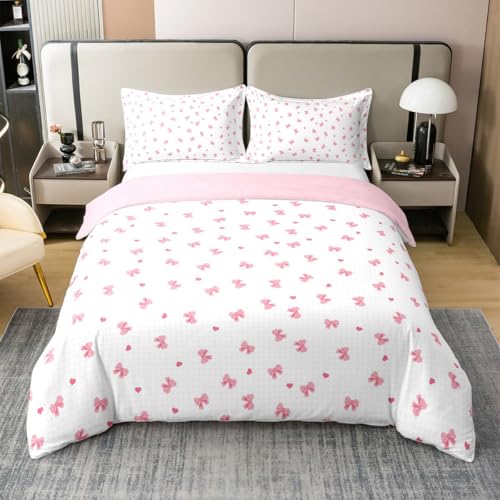 Homemissing Schleifen Herzen 100% Baumwolle Bettwäsche Set 200x200cm Rosa Mädchen Pink Bettbezug Wendemotiv Bunts Kinder Weiß Betten Weich Bettwäsche-Set mit 2 Kissenbezüge