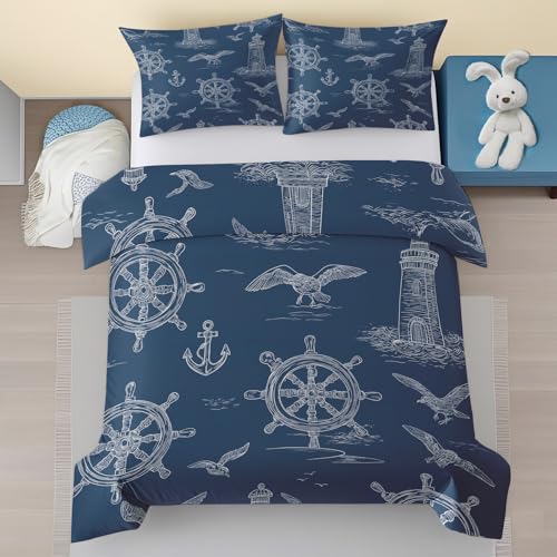 Generisch Nautische Bettwäsche 180x200, Anchor Leuchtturm Ruder Muster Bettwäsche Set 3 Teilig, Marineblau Weiche Mikrofaser Deckenbezug mit Reißverschluss aus 2 Kissenbezüge 80x80 4xD187