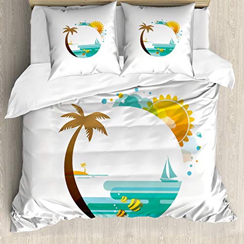 ABAKUHAUS Strand Bettwäsche Set für Doppelbetten, Tropischer Paradies Sommer, Weicher Microfaserstoff Allegigeignet kein Verblassen, Türkis Ringelblume Braun