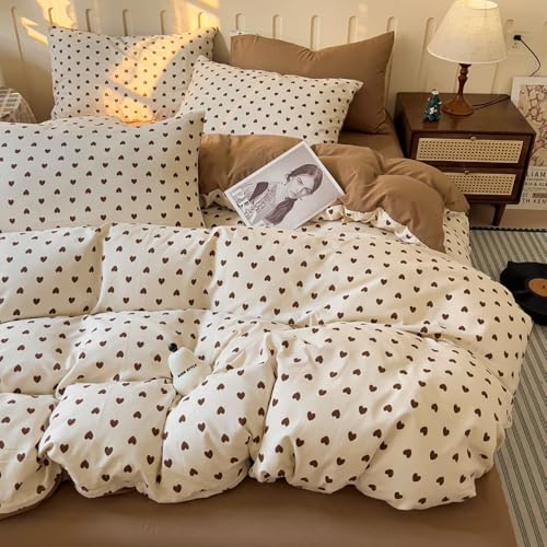 Covebett Bettwäsche Herz 135x200 Braun Beige Herzen Muster Aesthetic Wendebettwäsche 2 Teilig Niedlich Herzchen Herzmuster Microfaser Einzelbett Bettbezug und Kissenbezug 80x80 cm Reißverschluss