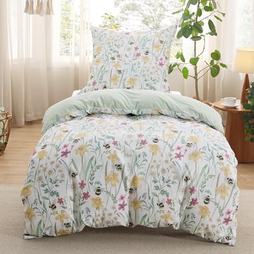 BEDSURE Bettwäsche 135x200 2teilig Bettbezug - Bettwäsche-Sets 135 x 200 cm mit Kissenbezug 80x80 cm, ÖKO-TEX Wendebettwäsche Bedding Grün Blumen Pflanze Muster für Einzelbett mit Reißverschluss