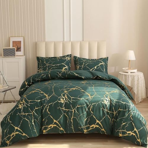 Freyamy Marmor Optik Bettwäsche 135x200 4tlg Dunkelgrün Gold Marmor Glitzermuster Luxus Bettwaren-Sets Marmormuster Mikrofaser Deckenbezug 2 Bettbezug mit Reißverschluss und 2 Kissenbezug 80x80cm