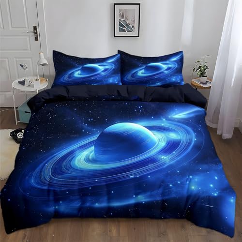 Generisch Bettwäsche 135x200cm Planet-Universum-Thema Blau Polyester Baumwolle Bettbezug Set, Weich Bügelfrei Bettwäsche-Sets für Kinder Junge Mädchen Zimmer Dekoration, mit Kissenbezüge