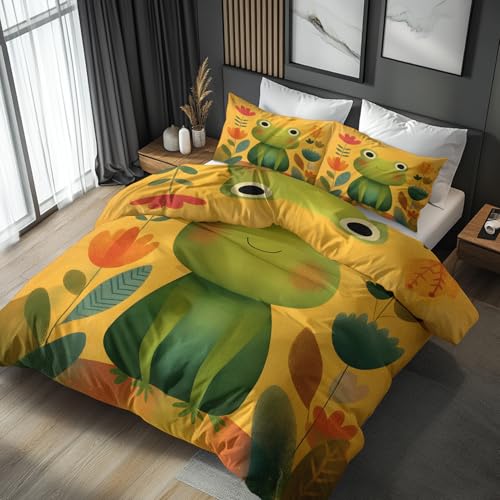 Generisch Frosch Bettwäsche 140x200 Bügelfreie - Blümchen Tiere Cute Muster, Renforce Wendebettwäsche Bettbezug 2er Set Cozy Mikrofaser Mit Reißverschluss, 1 Kissenbezug, Geschenk Frosch, LS9254