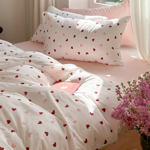Lanqinglv Bettwäsche 200x200 Mädchen Weiß Rot Herzen Kinder Bettwäsche aus Microfaser,Herzchen ÖKO TEX Bettwäsche Set   Weiche Reißverschluss 2 Kissenbezug 80x80
