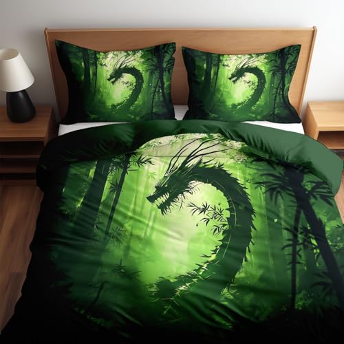 Bettwäsche-Set mit Fantasy Wald Orientalischer Drache Drucken, Camouflagegrün Bettbezug mit Kissenbezug, 155 x 220 cm Bettdeckenbezug mit Reißverschluss, für Mädchen, Teenager und Erwachsene