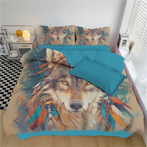 WunM Studio Bettwäsche 135 * 200cm Kaffeebraun Bunter Traumfänger Bettbezug Set 2 Teilig Retro-Wolf Blümchen Blumenmuster Weich Bettwäsche-Sets mit 1 Kissenbezüge 80x80 cm und Reißverschluss