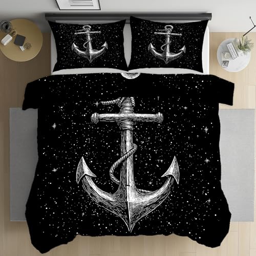 Pggong Anker Sternenhimmel Bettwäsche 135x200 3teilig, Nautisches Marine Bettbezug, 2 Kissenbezüge 80x80 cm, Meeresabenteuer Bettbezüge Mikrofaser mit Reißverschluss Warm Weich