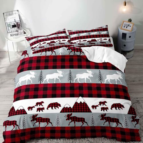 Hiseng Mikrofaser Bettwäsche Set, 3D-Druck-Muster Bettbezug 2/3er Set Weiche Bettwäsche-Sets mit 1/2 Kissenbezug, Waschbar Bettbezug für Einzelbett und Doppelbett (Rot-karierter Hirsch,135x200cm-2pcs)