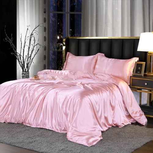 Bettwäsche Set 135x200 Rosa Hellrosa Pink Satin Sommer Glänzend Seide Glatt Bettwäsche Bettbezug Set Einfarbig Luxus Microfaser Reissverschluss Bettwäsche-sets Einzelbett und Kissenbezug 80x80 cm