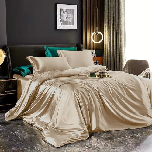 Covebett Satin Bettwäsche 140x200 Gold Gelb Uni Glatt Luxus Seide Aesthetic Seidenbettwäsche Set Einfarbig Glänzend Glanzsatin Microfaser Sommer Bettbezug und Kissenbezug 70x90 cm Reißverschluss