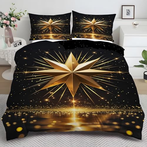 YZQGLHP Goldener Stern Bettwäsche 155x220 Schwarz Flauschig Bettwäsche-Sets 110g Mikrofaser mit Reißverschluss Weich und Bügelfrei Bettbezug mit 2 Kissenbezüge 80x80 cm
