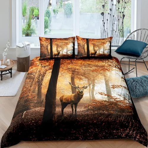 Hirsch Bettwäsche 135x200 Set Kinder Wilde Tiere 2 Teilig Bettbezug 135 x 200 cm 3D Bettwäsche-Sets Weiche Bettbezug Herbstdschungel Einzelbettbezug Set mit 1 Kissenbezug a.3781