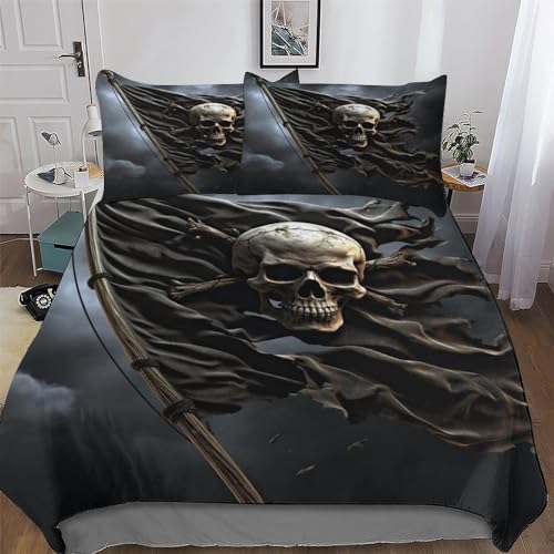 Schädel Pirate Bettwäsche Weich Atmungsaktiv Bettbezüge Set 2 teilig Mikrofaser Bettbezug Mit Kissenbezüge Für Kinder Erwachsene Deckenbezug Single (135x200cm)