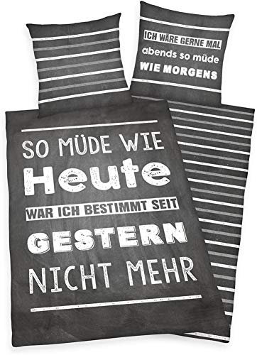 Herding Young Collection Bettwäsche-Set, Wendemotiv mit Spruch, Bettbezug 135 x 200 cm, Kopfkissenbezug 80 x 80 cm, Baumwolle/Renforcé, Grau