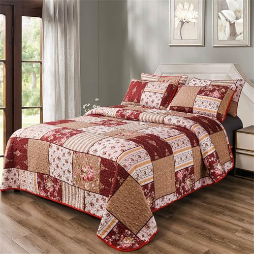 3-teiliges Patchwork-Bettwäsche-Set mit floralem Karomuster, Queen-Size-Bett, rot, braun, weiß, kariert, Patchwork mit Pfingstrosen, gesteppt, Tagesdecke, Deckeset, weich, leicht, Mikrofaser, für alle